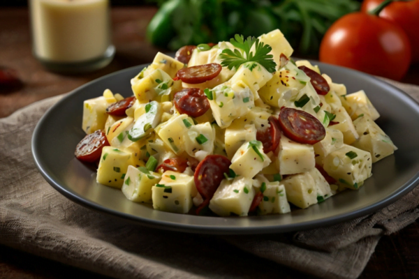 POTATO SALAD WITH VENEZUELAN BRAND SAUSAGE AND GOUDA CHEESE Potato salad with Venezuelan brand sausage and gouda cheese
