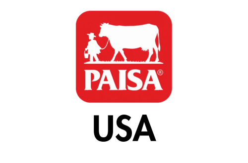Paisa LOGO 1998 to present: red square with a girl and cow in white reading PAISA